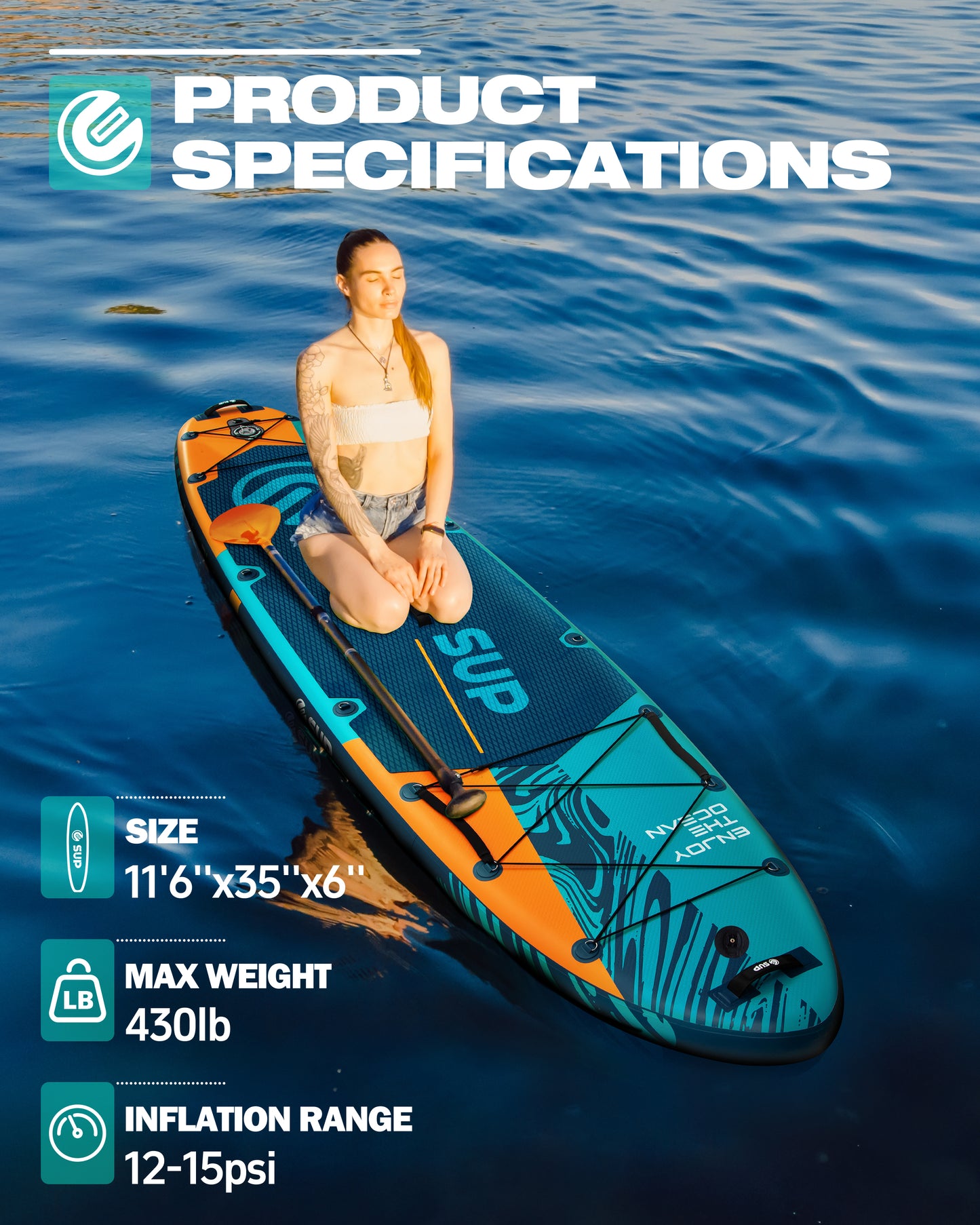 ESUP Inflatable Stand Up Paddle Board 11'6"*35", Extra Wide Paddle Boards for Adults, 450lbs Big Size SUP Board for Family Leisure 2+1 People w/Fixed US Fin for Speed
