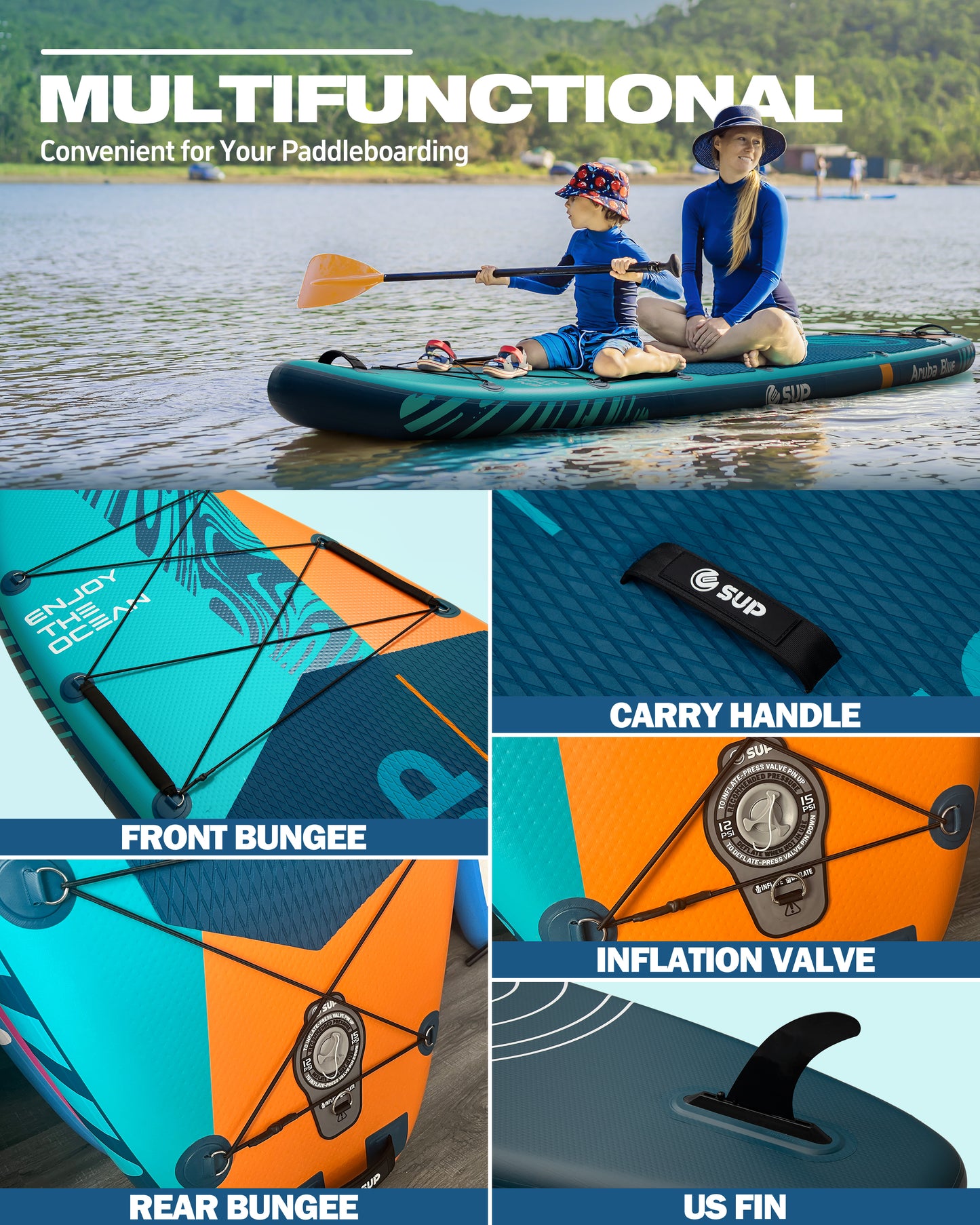 ESUP Inflatable Stand Up Paddle Board 11'6"*35", Extra Wide Paddle Boards for Adults, 450lbs Big Size SUP Board for Family Leisure 2+1 People w/Fixed US Fin for Speed