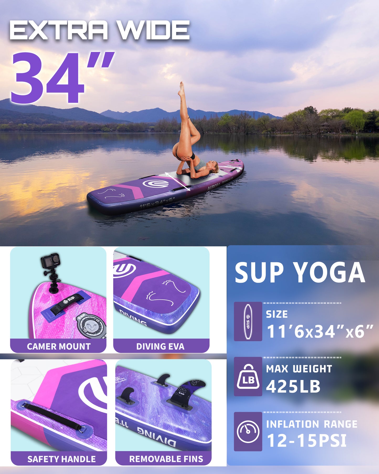 ESUP 11’6 ×34" Extra Wide Inflatable Paddle Board with Premium SUP Paddle Board Accessories, Wide Stable Stand Up Paddleboards for Adults/425lb/Family/Yoga/Beginner, with Shoulder Strap,Dual-Action Pump