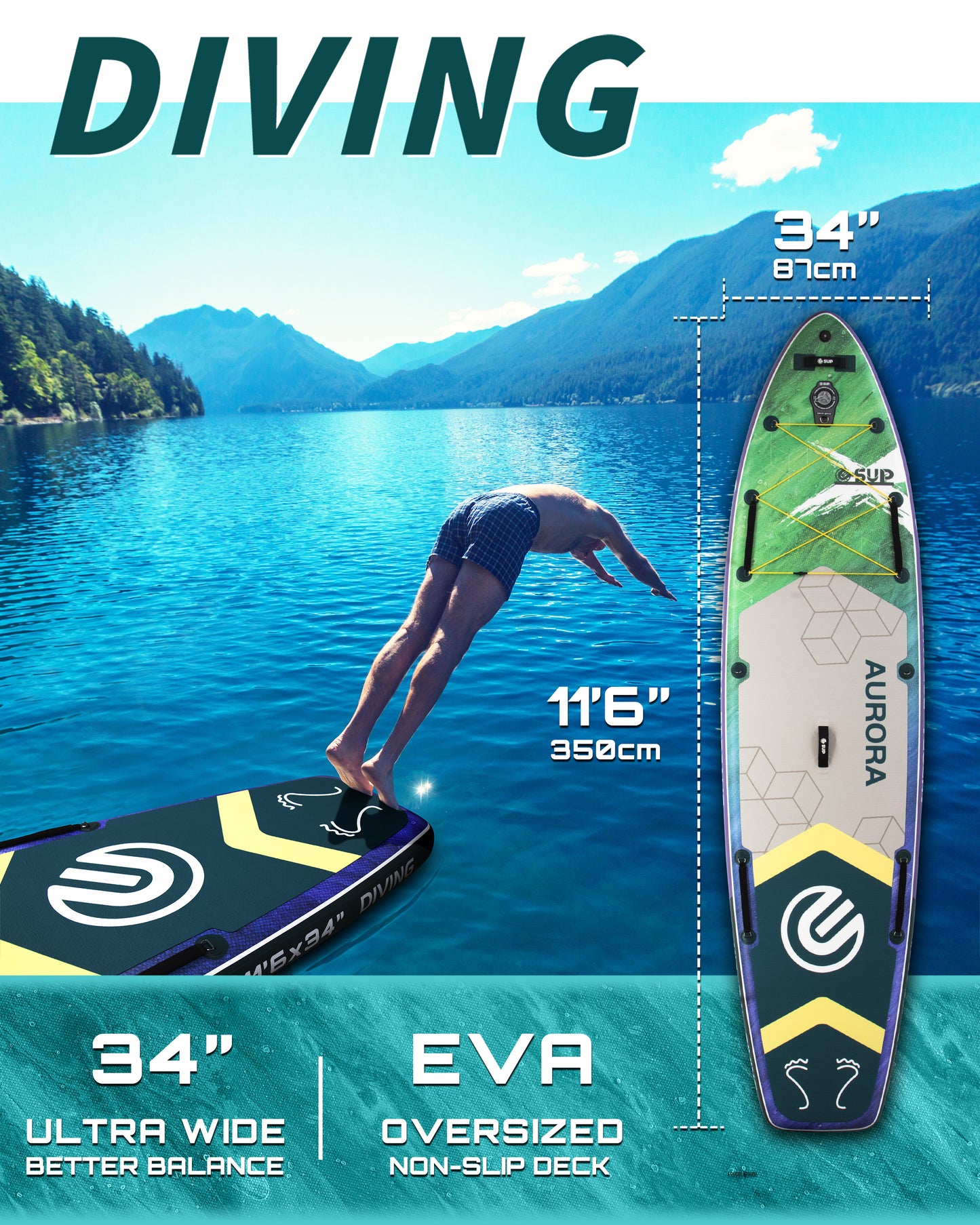 ESUP 11’6 ×34" Extra Wide Inflatable Paddle Board with Premium SUP Paddle Board Accessories, Wide Stable Stand Up Paddleboards for Adults/425lb/Family/Yoga/Beginner, with Shoulder Strap,Dual-Action Pump