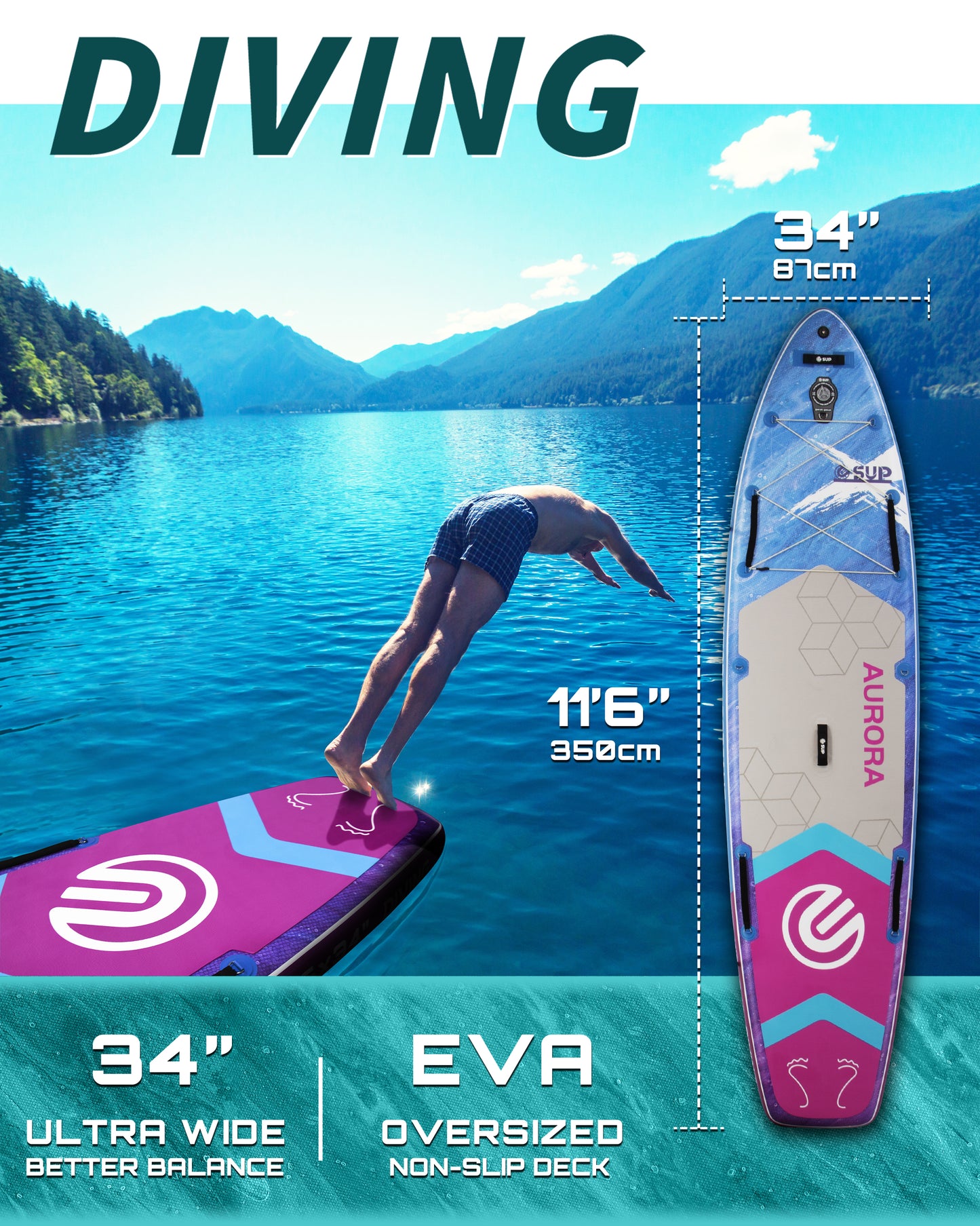 ESUP 11’6 ×34" Extra Wide Inflatable Paddle Board with Premium SUP Paddle Board Accessories, Wide Stable Stand Up Paddleboards for Adults/425lb/Family/Yoga/Beginner, with Shoulder Strap,Dual-Action Pump